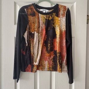 DKNY Women's Long Sleeve Top - Black, Orange, and White Abstract